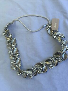 Elizabeth  Bower Silver Leaf & Pearl Elastic Headband